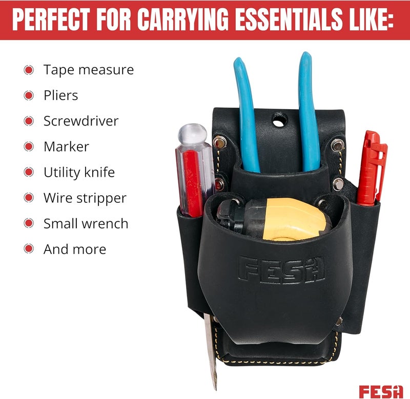fesa Small Leather Tool Pouch - 4-in-1 Heavy Top Grain Leather Small Tool Pouch with a Tape Measure Holder, 3 Pockets & Reinforced Heavy Duty Rivets - Fits Belts up to 3" - Handcrafted - Image 5